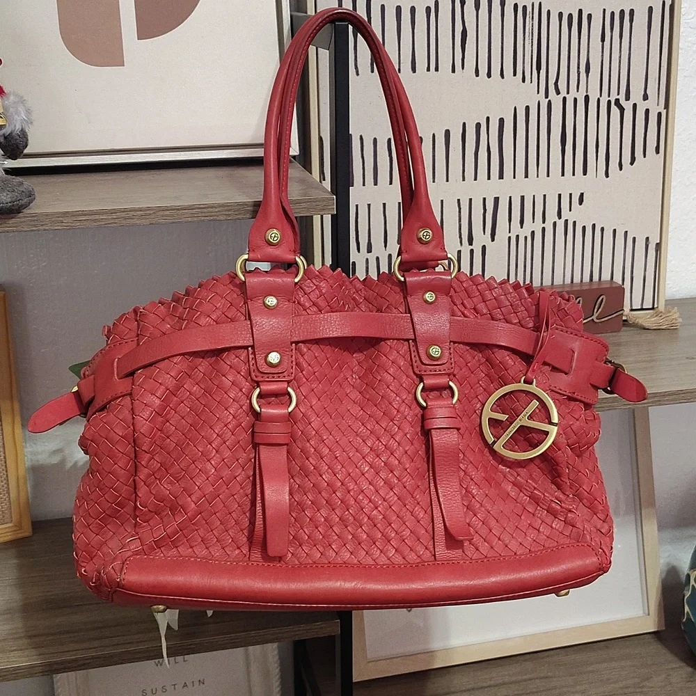 Francesco Biasia Red Woven Leather Tote Bag - Picture 6 of 13